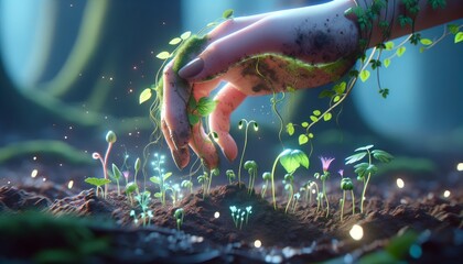 An image in a whimsical animated style, showing a close-up of Medea's hand clutching the earth, with plants sprouting from where her tears fall.