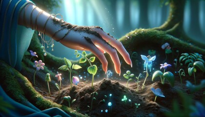 An image in a whimsical animated style, showing a close-up of Medea's hand clutching the earth, with plants sprouting from where her tears fall (1). - obrazy, fototapety, plakaty