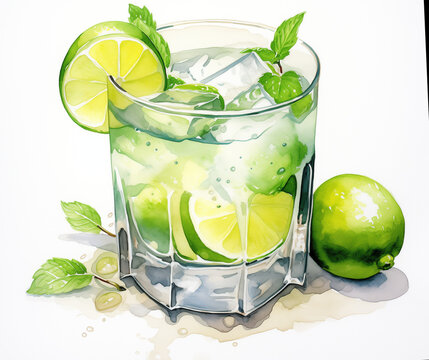 Watercolor illustration of the Glass of vodka with ice cubes  and zesty lime on the white background