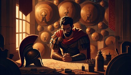 Illustrate in a whimsical animated art style a pensive Menelaus in his war room, surrounded by Spartan shields.