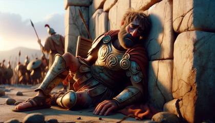 Illustrate in a whimsical animated art style a weary Menelaus resting against a stone wall, his armor dented and dusty from battle.