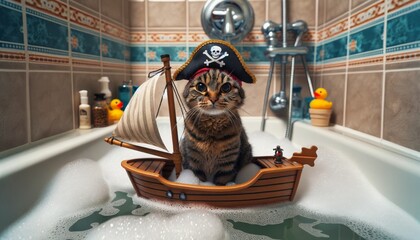A tabby cat with a pirate hat sailing on a small boat in a bathtub.
