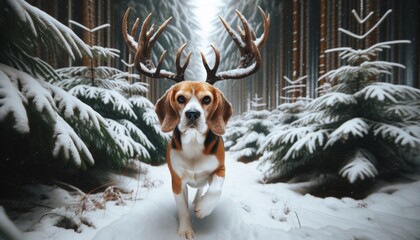 A beagle dog with antlers trotting through a snowy forest.