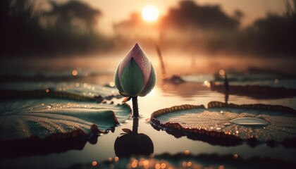 A close-up of a lotus bud about to bloom at dawn in a whimsical animated style. - obrazy, fototapety, plakaty