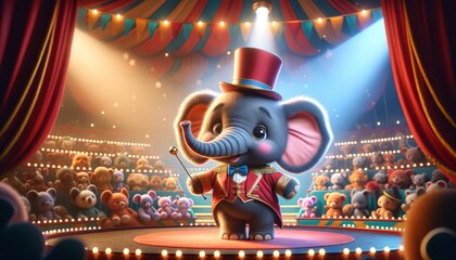 A whimsical animated baby elephant wearing a circus ringleader's outfit.
