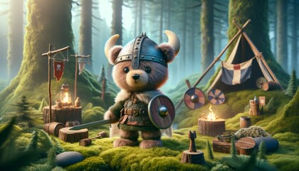 A whimsical animated bear cub dressed as a Viking, complete with a tiny helmet and shield. - obrazy, fototapety, plakaty