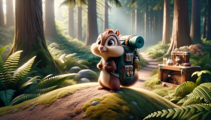 A whimsical animated chipmunk with a backpack, looking like it's ready for an adventure. - obrazy, fototapety, plakaty