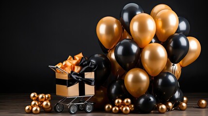Fototapeta na wymiar front view of black friday sale background with balloon ornaments, gift boxes and shopping carts