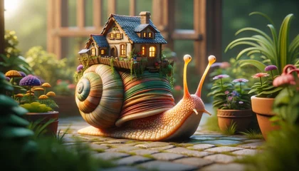 Fotobehang A whimsical animated snail with a tiny house on its back, resembling a mobile home. © FantasyLand86