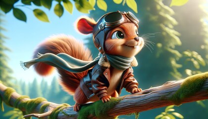 A whimsical animated squirrel in a pilot's outfit, with aviator goggles, atop a tree branch.