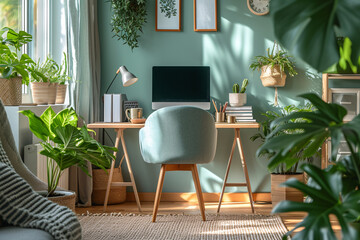 Minimalist Scandinavian Interior Home Office Room, Home Workstation Table Chair, Desk and Frame Interior Home living Room, Minimalist Scandinavian computer desk with chair and window sunlight