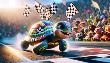 A whimsical animated turtle with a painted shell resembling a race car.