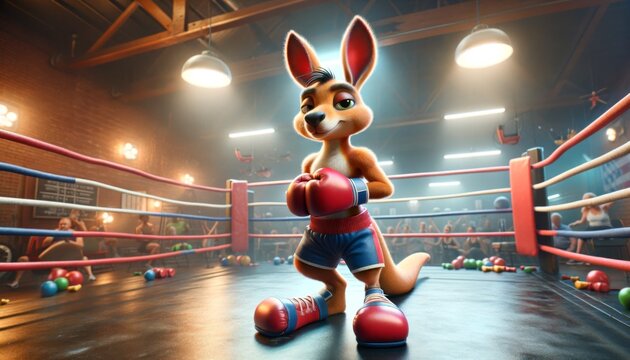 A whimsical animated young kangaroo in boxing gloves, in a classic boxer's pose.