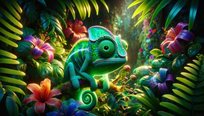 A whimsical animated emerald-green chameleon with skin that pulses with light among tropical flowers.