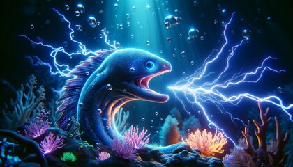 A whimsical animated electric eel generating lightning in a deep, dark underwater scene.