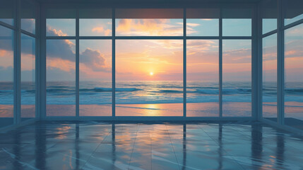 The peaceful tranquility of an ocean view is amplified by the rippling reflections on the gl windows as the waves crash against the shore and the sun slowly sinks below the - obrazy, fototapety, plakaty