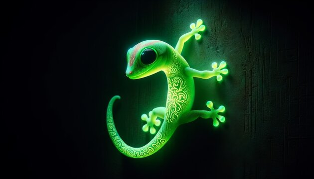 A whimsical animated luminous green gecko with a glowing pattern on its skin climbing a dark wall.