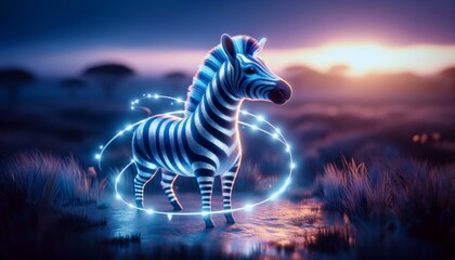 A whimsical animated silver and blue striped zebra with a shimmering aura in the savannah at dusk.