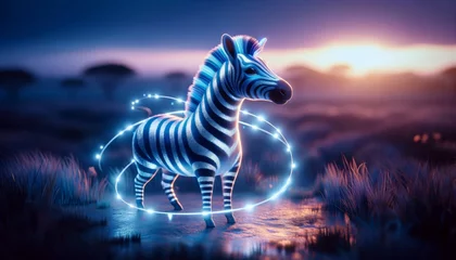Gordijnen A whimsical animated silver and blue striped zebra with a shimmering aura in the savannah at dusk. © FantasyLand86