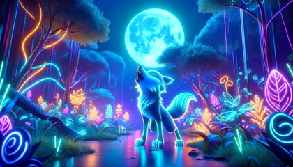 A whimsical animated wolf with glowing blue fur stands in a neon-lit forest under a bright moon.