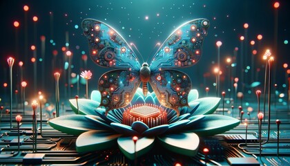 A whimsical, animated art-style image of a butterfly with circuit board wings resting on a computer chip flower.