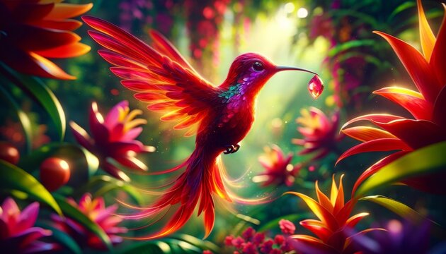 A whimsical animated ruby-red hummingbird with wings that blur like flames, hovering in a tropical garden.