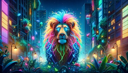 A whimsical, animated art-style image of a lion with a neon mane set in an urban jungle.