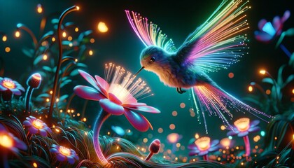 A whimsical, animated art-style image of a hummingbird with fiber-optic wings hovering near a neon flower.