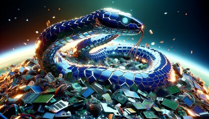 Obraz premium A whimsical, animated art-style image of a snake with a skin of solar panels slithering over a tech waste landscape.