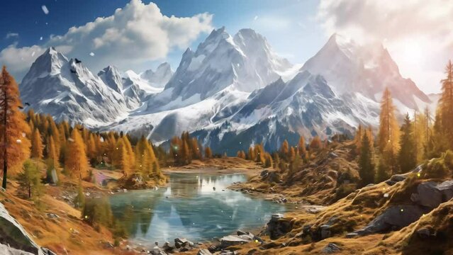 beautiful mountain landscape with autumn forest. Amazing mystical fog forest landscape. seamless looping overlay 4k virtual video animation background 