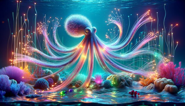 A whimsical, animated art-style image of an octopus with tentacles of fiber optics in an aquarium of liquid crystal.