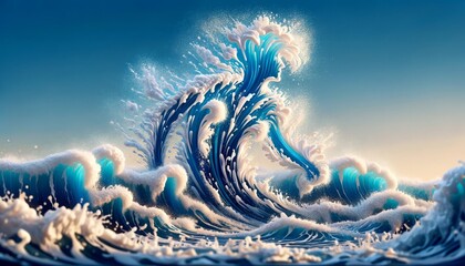 A whimsical, animated artwork of a series of waves approaching the shore, with the foam outlining a human figure.