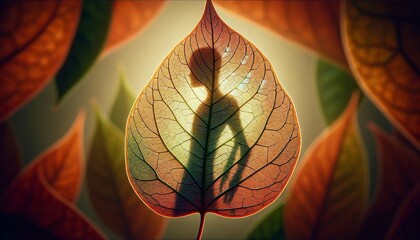 A whimsical, animated artwork of a single leaf with its veins subtly forming the silhouette of a human figure.