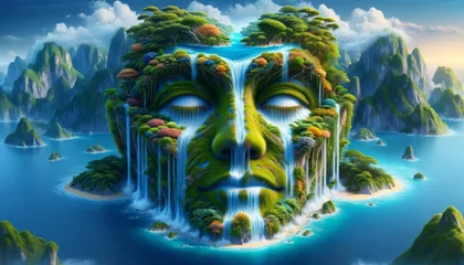 Foto op Canvas A whimsical, animated artwork of an island in the form of a human face. © FantasyLand86