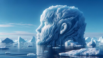 A whimsical, animated artwork of icebergs floating in the ocean, with one iceberg resembling a human profile. - Powered by Adobe