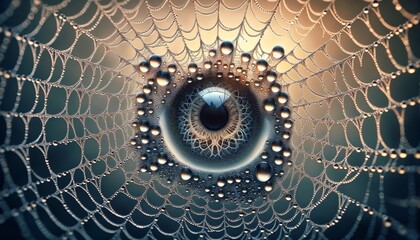 A whimsical, animated artwork of a spider's web glistening with dew, with the pattern resembling a human eye.