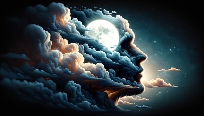 A whimsical, animated artwork of the moon partially covered by clouds, creating the illusion of a human profile in the night sky. - obrazy, fototapety, plakaty