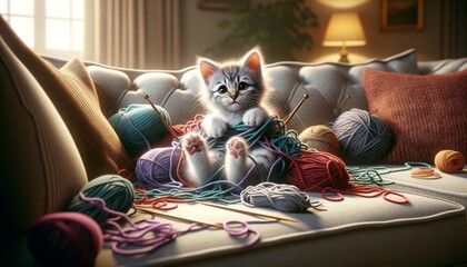 A photorealistic image of a kitten tangled in a knitting project on a sofa. - obrazy, fototapety, plakaty