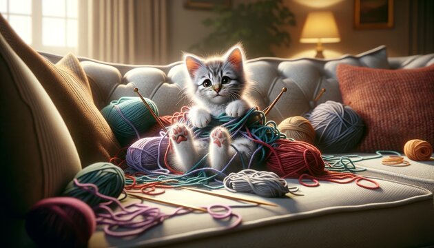 A photorealistic image of a kitten tangled in a knitting project on a sofa.