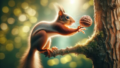 A photo-realistic image of a squirrel reaching for a nut on a small tree branch, captured in a medium shot.