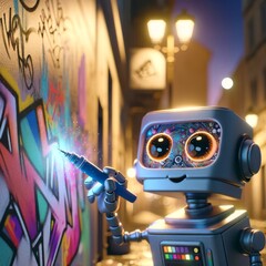 A whimsical 2D animated art style depiction of a robotic graffiti artist tagging walls in an urban...