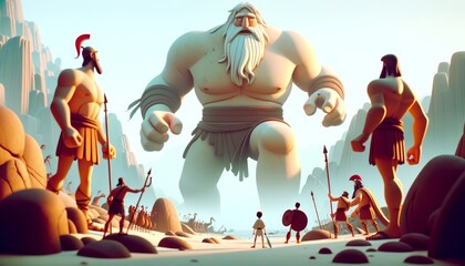 Animated-style depiction of Odysseus and the Giant Laestrygonians, focusing on minimalism.