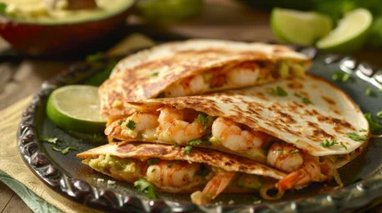 Foto op Plexiglas Take a break from the cold weather and cozy up by the fireside with these irresistible quesadillas. Savor every bite of the crispy tortilla filled with a delectable combination © Justlight