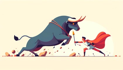 A whimsical, animated art style depiction of Theseus bravely fighting the bull at Marathon.