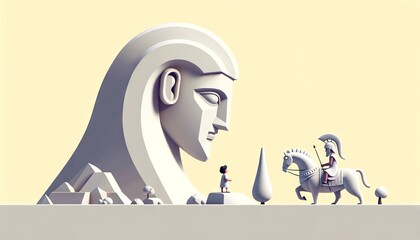 A whimsical, animated art style depiction of a mythical encounter between Theseus and the Sphinx.