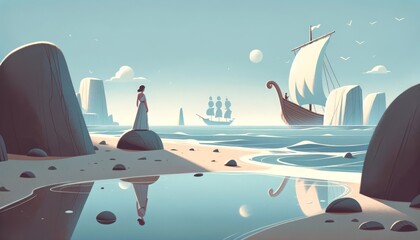 A whimsical, animated art style depiction of the poignant moment of Ariadne left alone on Naxos as Theseus sails away. - obrazy, fototapety, plakaty