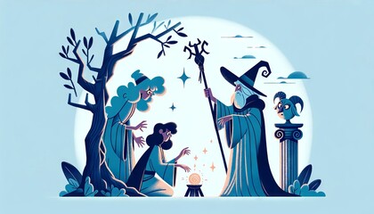 A whimsical, animated-style illustration of Perseus consulting with the Graeae (the three witches).