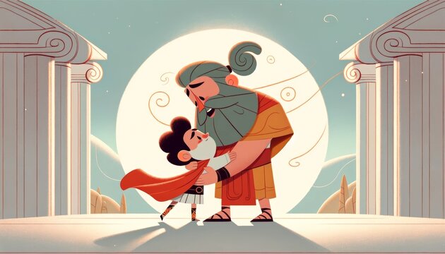 Whimsical, animated-style depiction of the emotional reunion of Odysseus with his son, Telemachus, focusing on minimalism.