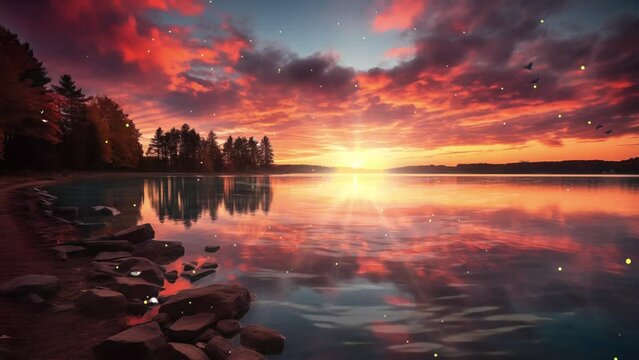 nature background. sunset on lake in autumn. sunset over the lake. seamless looping overlay 4k virtual video animation background 