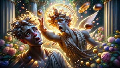 A whimsical, animated art style close-up image capturing the tragic moment Hyacinth is struck by a discus thrown by Apollo, focusing closely on their .